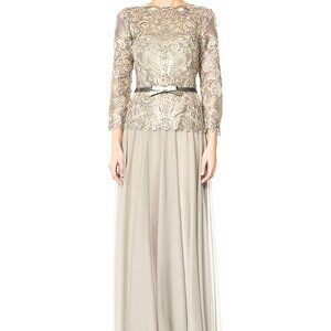 EUC Tadashi Shoji Corded Embroidery on Tulle 3/4 Sleeve Tulle Gown Size 4